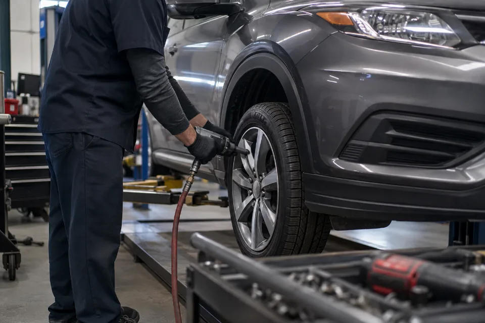 Technician servicing a tire on a common compact crossover